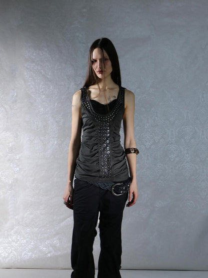 DoublePunch Armor Inspired Studded Ruched Hooded Racerback Slim Women&