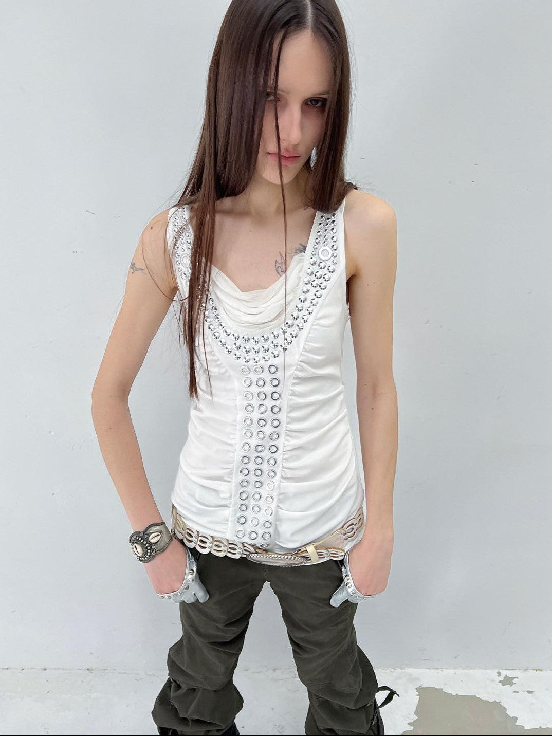 DoublePunch Armor Inspired Studded Ruched Hooded Racerback Slim Women&