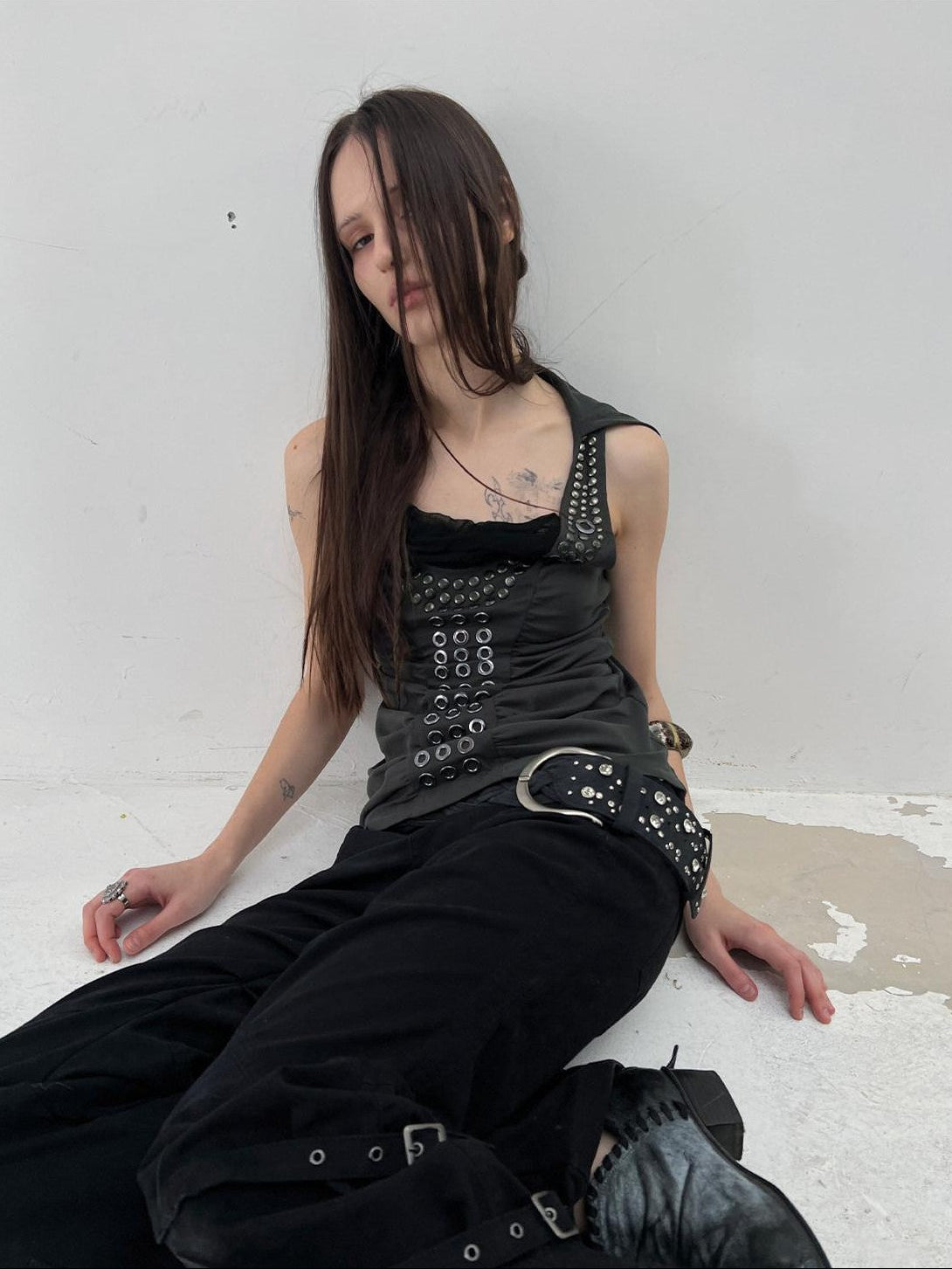 DoublePunch Armor Inspired Studded Ruched Hooded Racerback Slim Women&