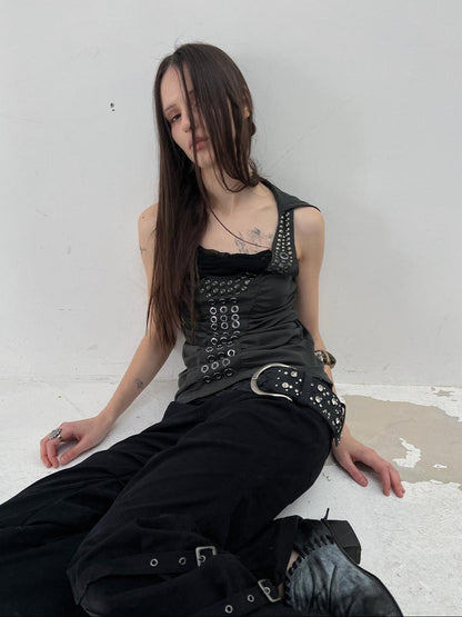 DoublePunch Armor Inspired Studded Ruched Hooded Racerback Slim Women&
