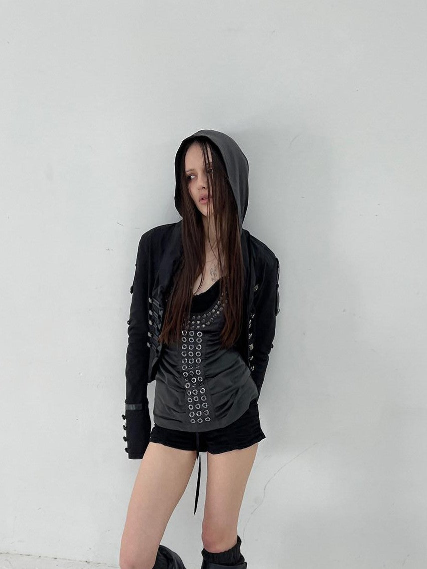 DoublePunch Armor Inspired Studded Ruched Hooded Racerback Slim Women&