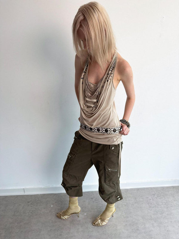 Backless Halter Tassel Ruched Deconstructed Women'S Rhinestone Tank Tops