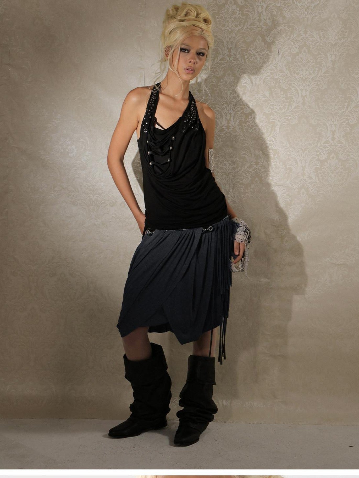 DoublePunch Backless Halter Tassel Ruched Deconstructed Women&