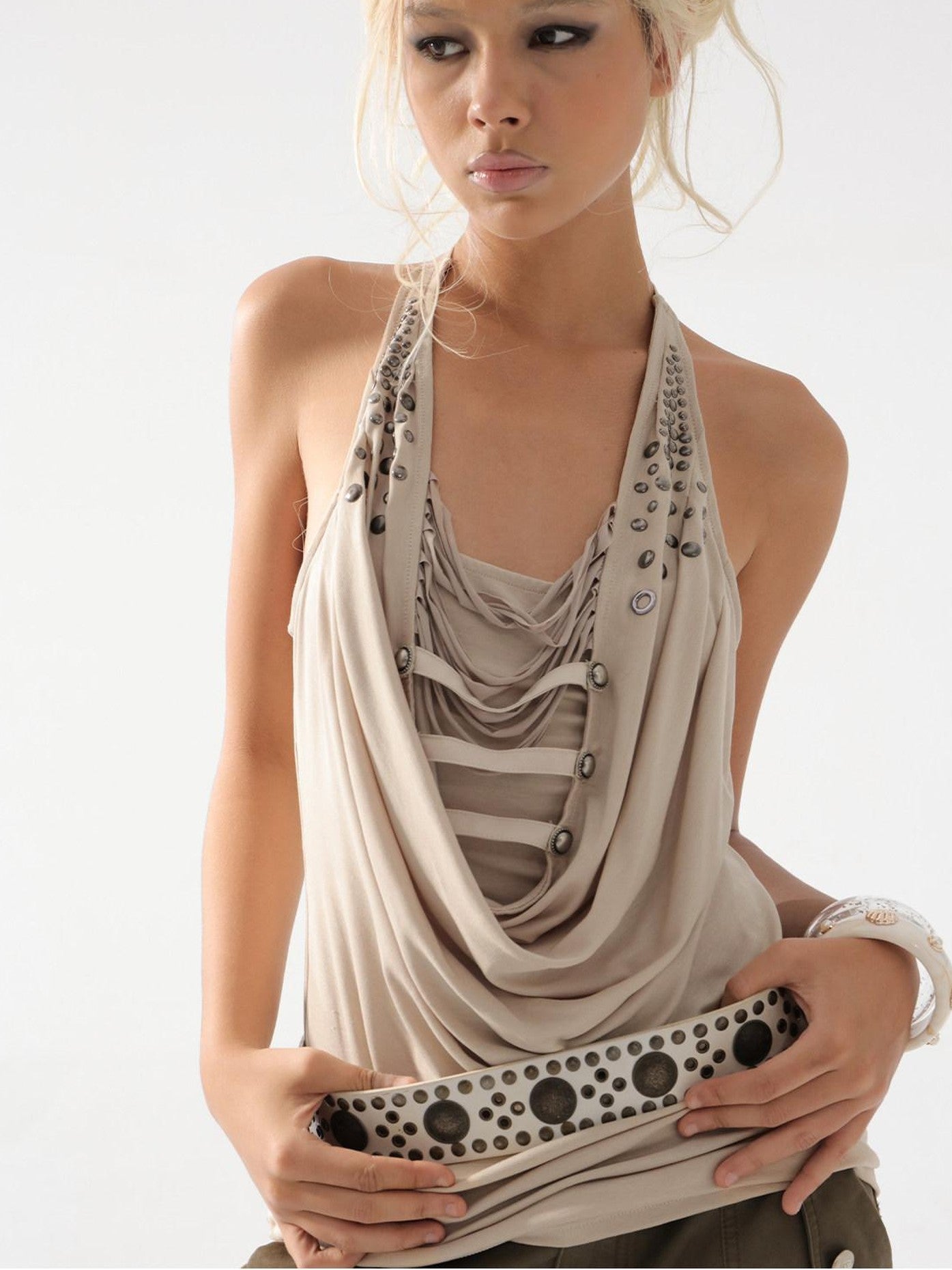 DoublePunch Backless Halter Tassel Ruched Deconstructed Women&