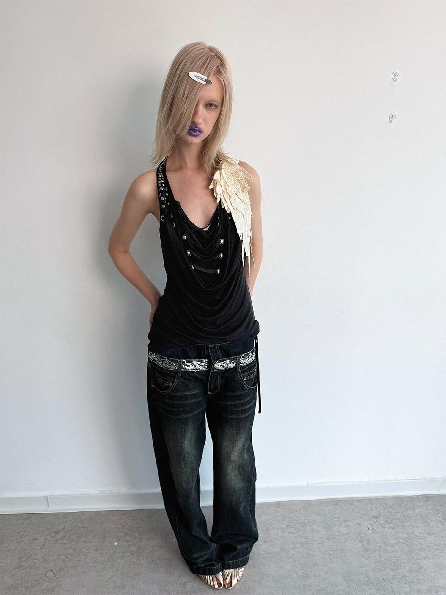 DoublePunch Backless Halter Tassel Ruched Deconstructed Women&