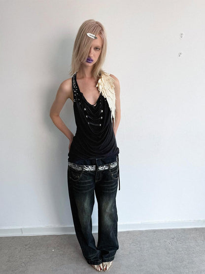 DoublePunch Backless Halter Tassel Ruched Deconstructed Women&