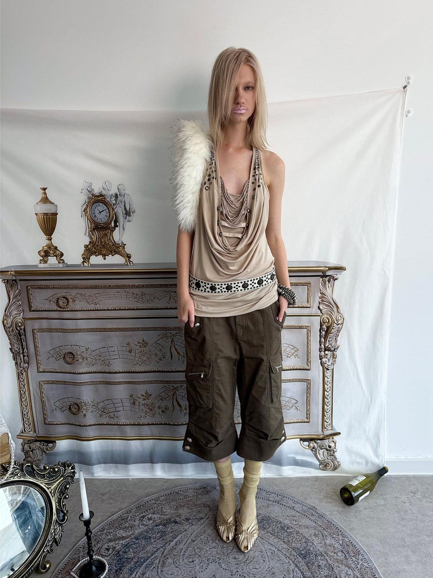 DoublePunch Backless Halter Tassel Ruched Deconstructed Women&