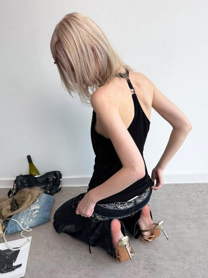 DoublePunch Backless Halter Tassel Ruched Deconstructed Women&