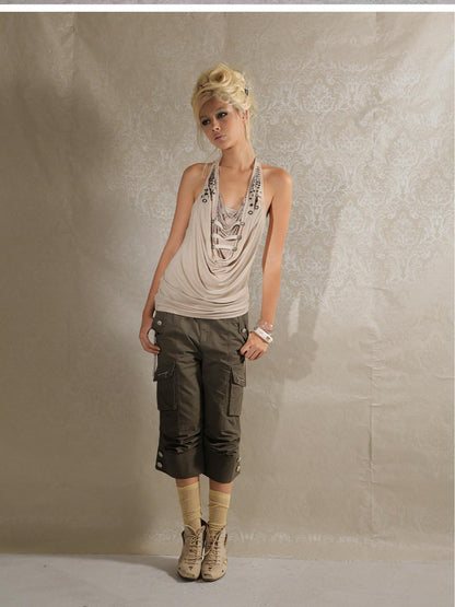 DoublePunch Backless Halter Tassel Ruched Deconstructed Women&