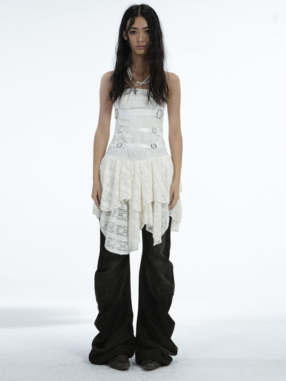 DoublePunch Black Washed Low Rise Ruched Curved Hem Loose Fit Women&