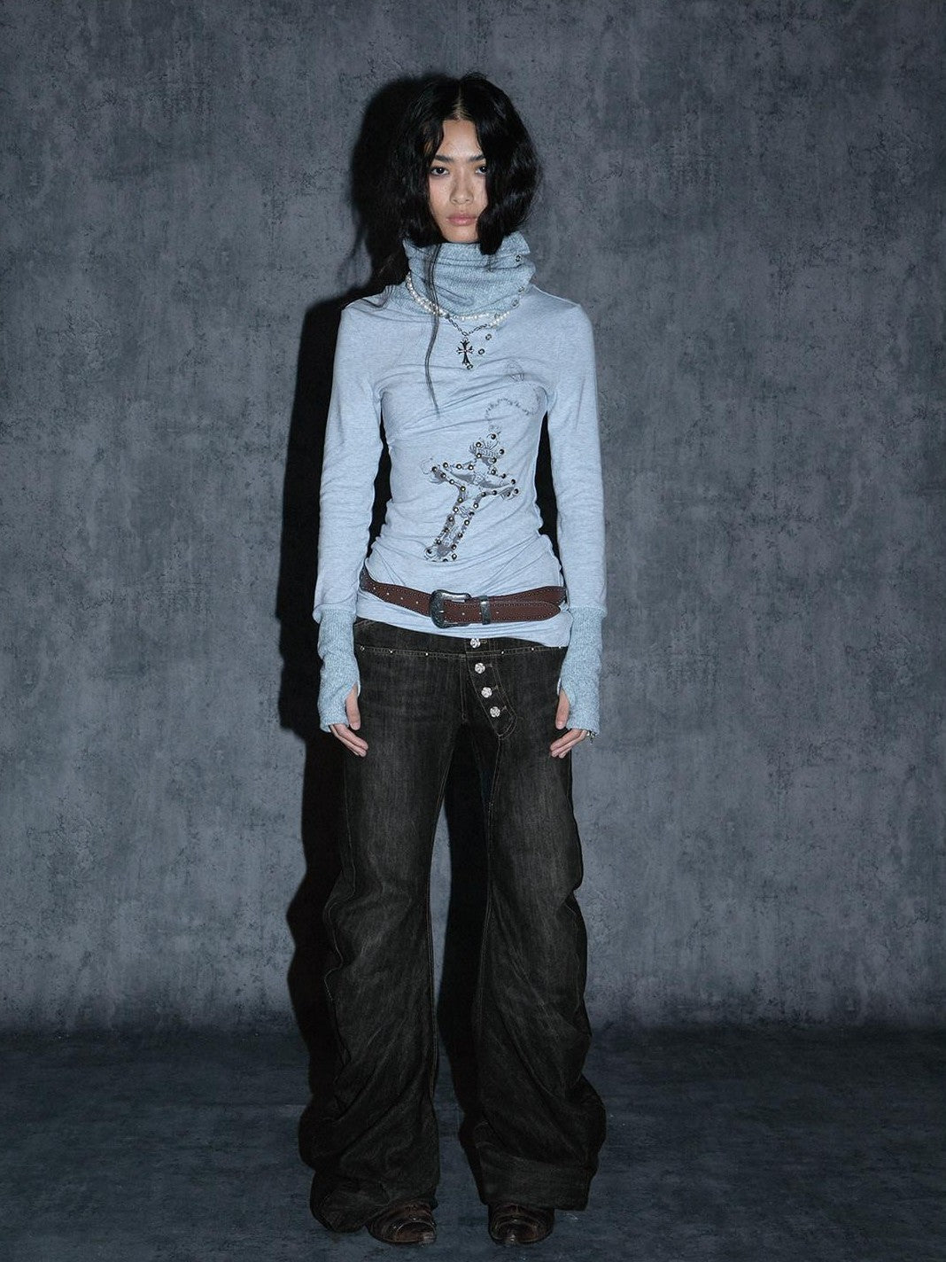 DoublePunch Black Washed Low Rise Ruched Curved Hem Loose Fit Women&