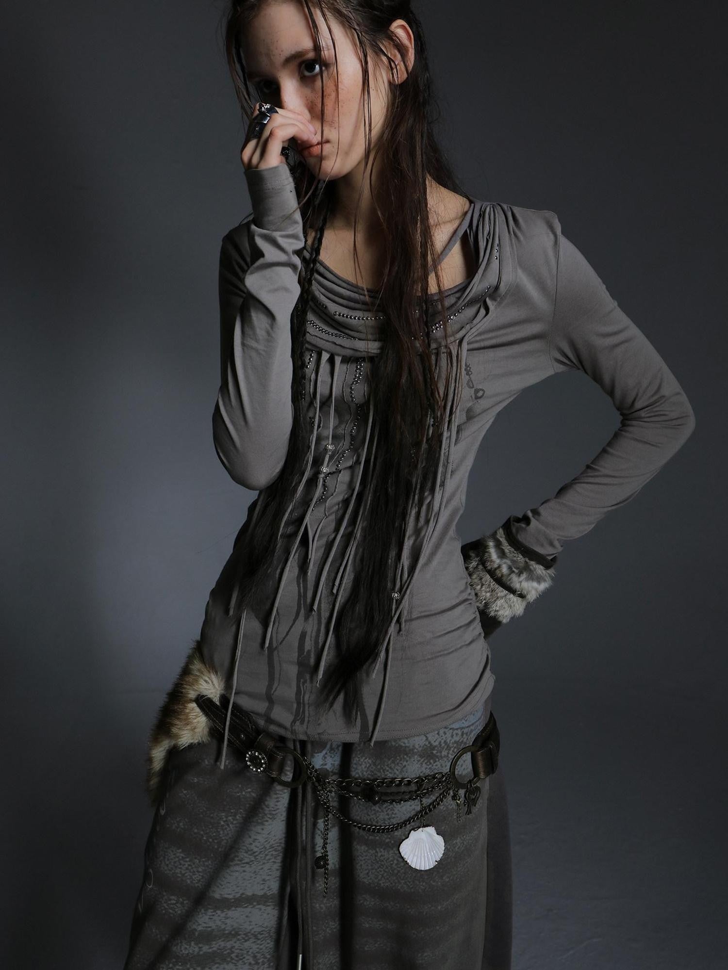 DoublePunch Boho Feather Print Layered Tassel Drape Neck Women&