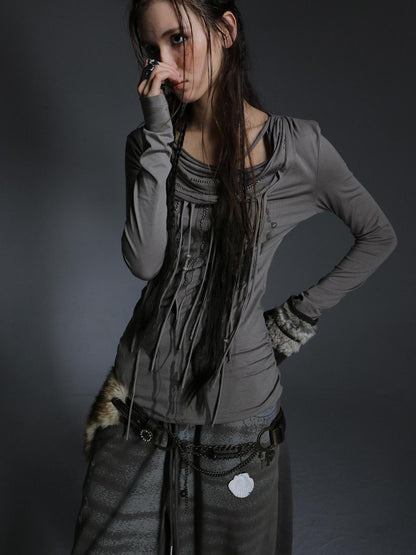 DoublePunch Boho Feather Print Layered Tassel Drape Neck Women&