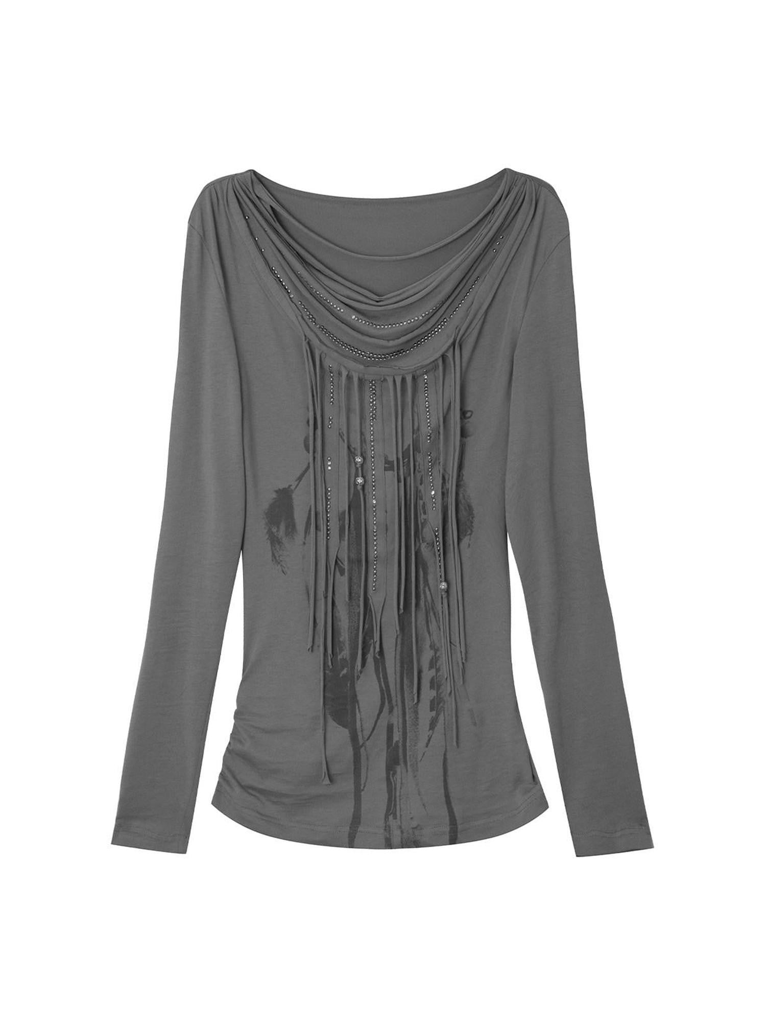 DoublePunch Boho Feather Print Layered Tassel Drape Neck Women&