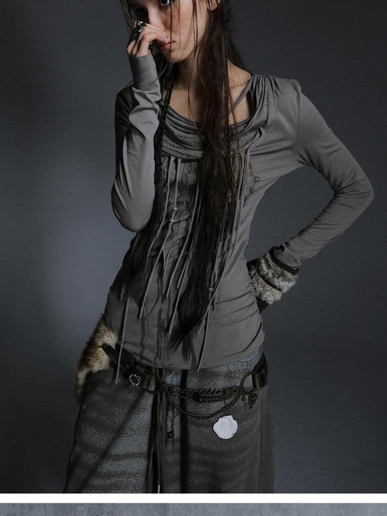 DoublePunch Boho Feather Print Layered Tassel Drape Neck Women&