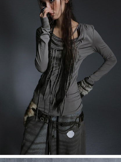 DoublePunch Boho Feather Print Layered Tassel Drape Neck Women&