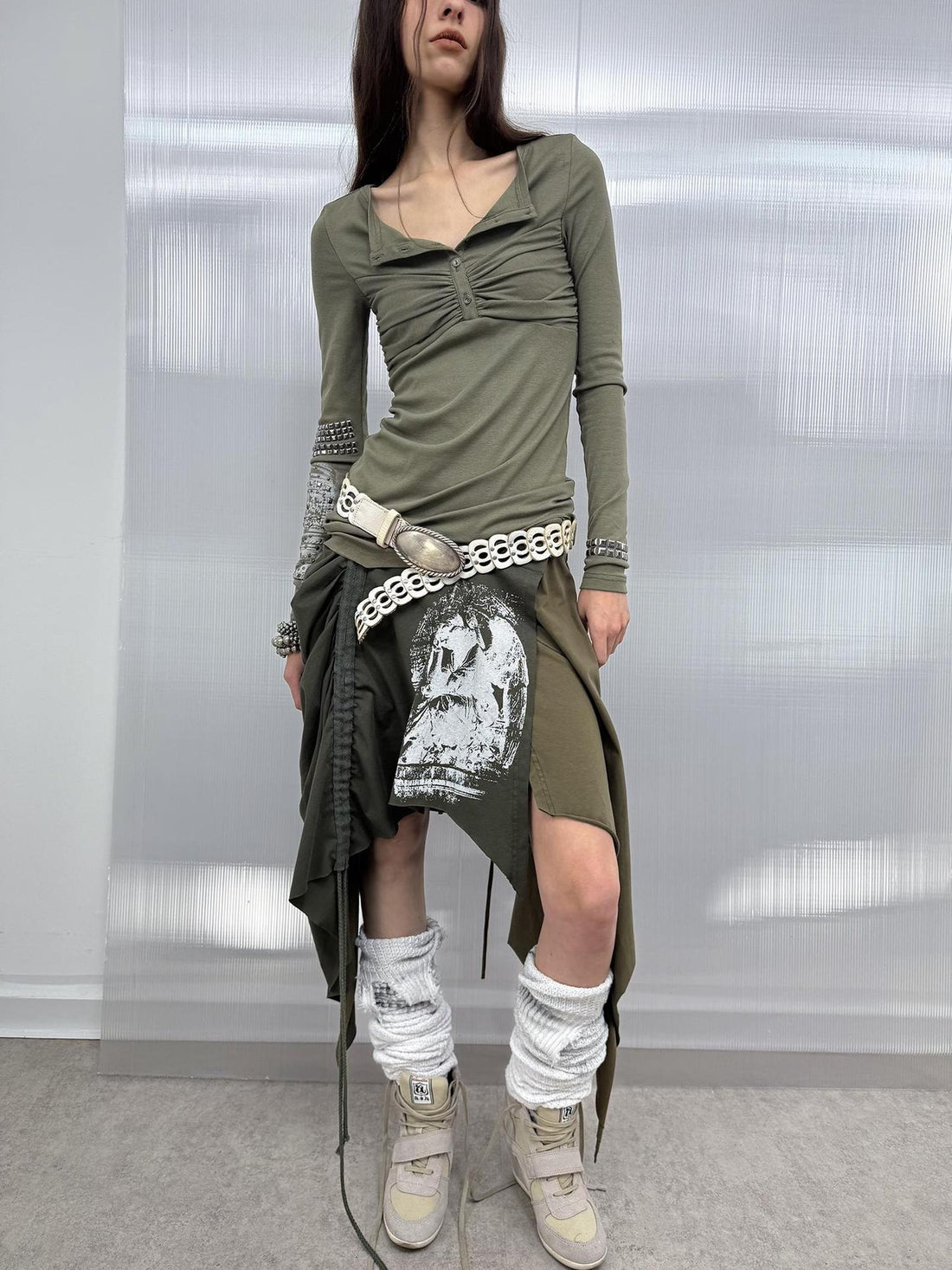 DoublePunch Breathable Cotton Punk Fringe Patchwork Asymmetric Women Citywalk T-Shirt