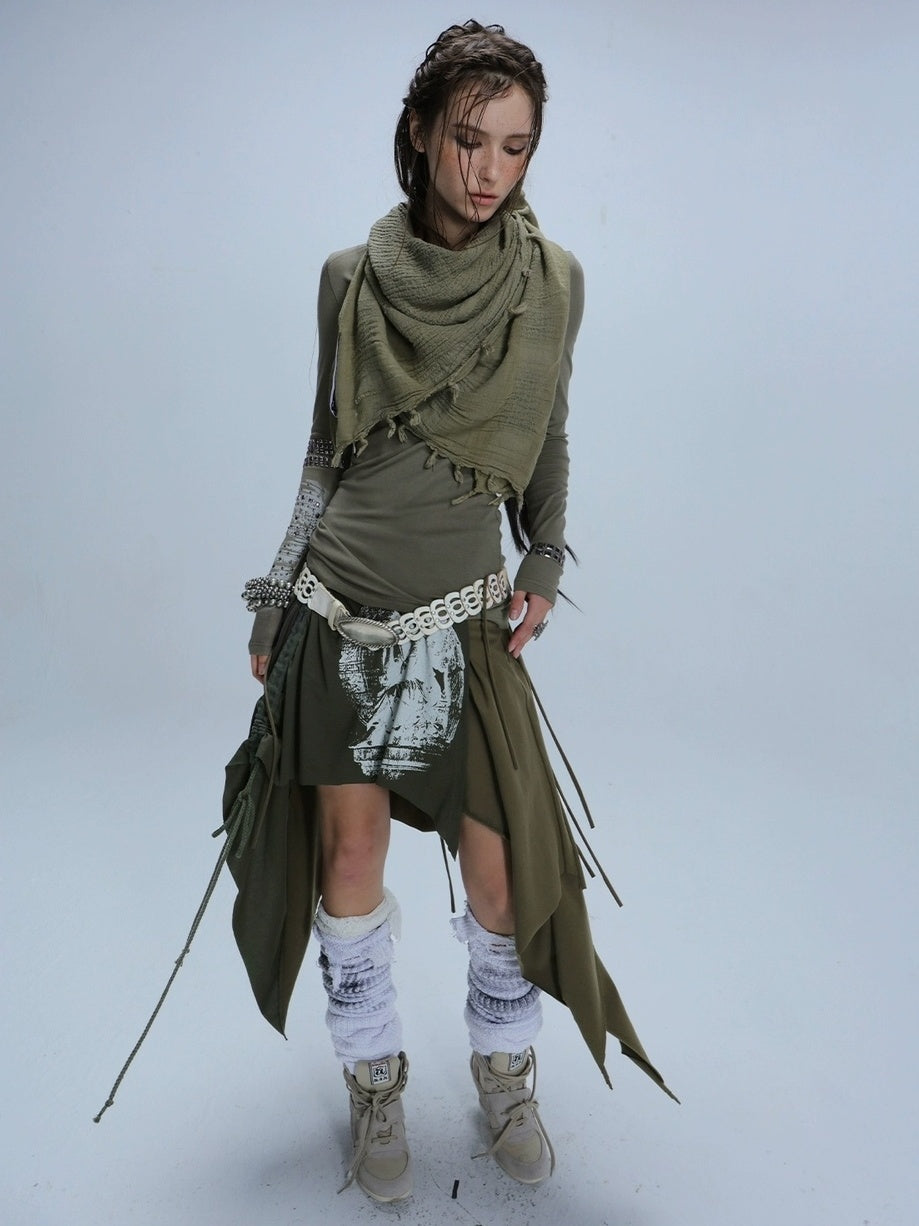 DoublePunch Breathable Cotton Punk Fringe Patchwork Asymmetric Women Citywalk T-Shirt