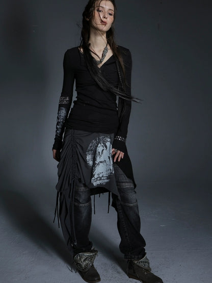 DoublePunch Breathable Cotton Punk Fringe Patchwork Asymmetric Women Citywalk T-Shirt