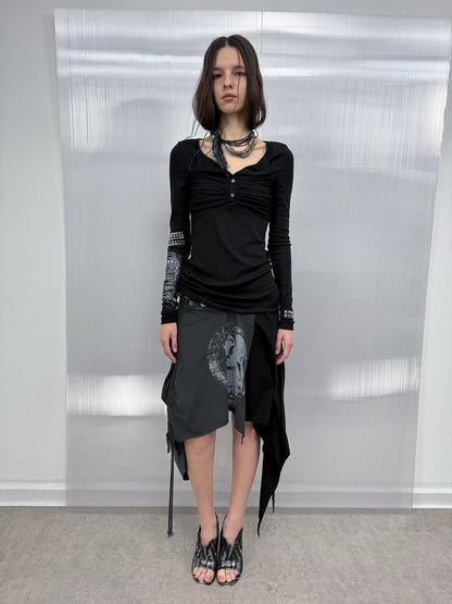 DoublePunch Breathable Cotton Punk Fringe Patchwork Asymmetric Women Citywalk T-Shirt