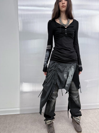 DoublePunch Breathable Cotton Punk Fringe Patchwork Asymmetric Women Citywalk T-Shirt