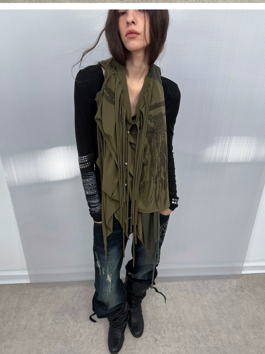 DoublePunch Breathable Cotton Punk Fringe Patchwork Asymmetric Women Citywalk T-Shirt