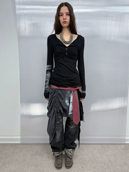 DoublePunch Breathable Cotton Punk Fringe Patchwork Asymmetric Women Citywalk T-Shirt