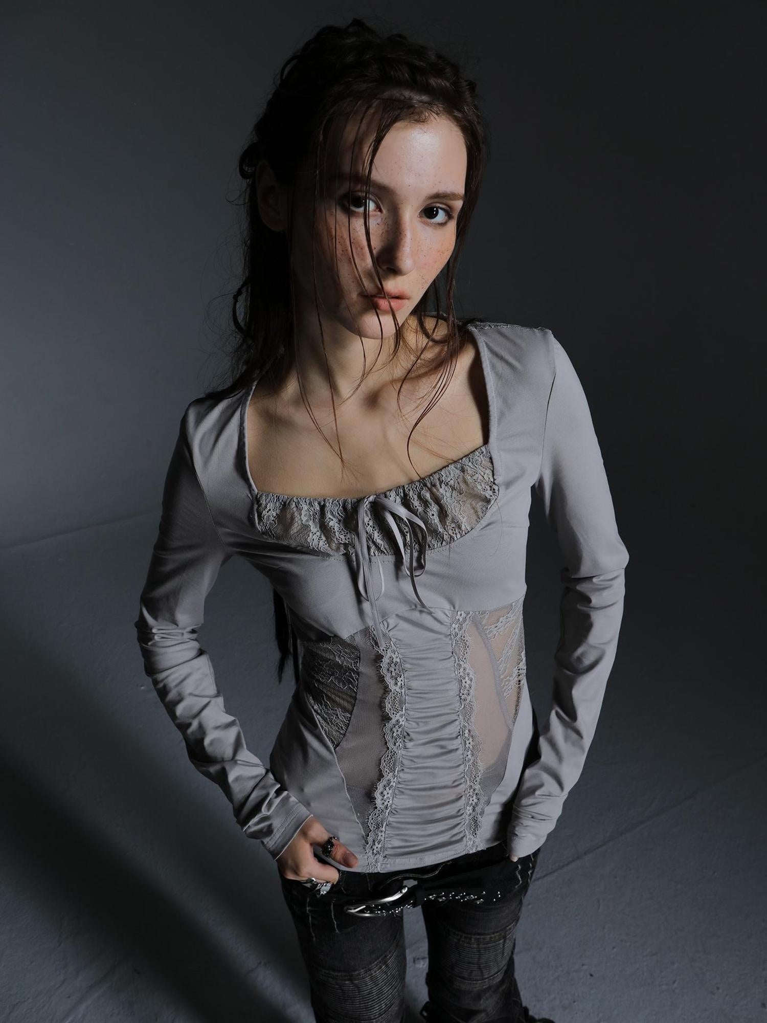 DoublePunch Breathable Cotton Spandex Slim Fit Girlish Square Neck Patchwork Women T-Shirt