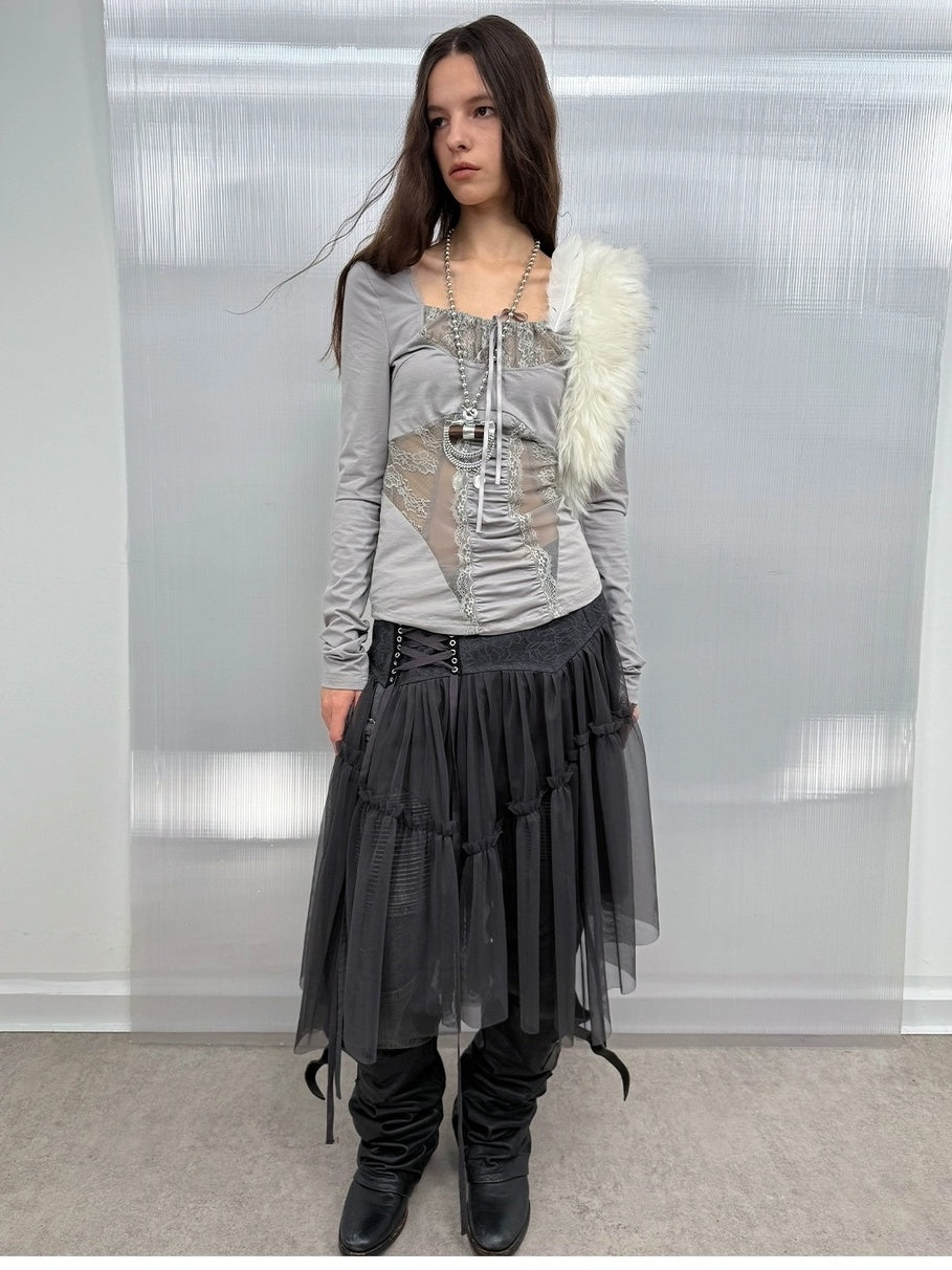 DoublePunch Breathable Cotton Spandex Slim Fit Girlish Square Neck Patchwork Women T-Shirt