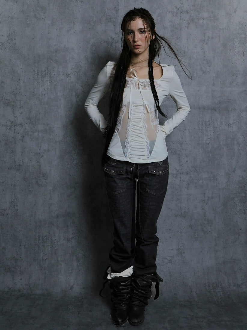 DoublePunch Breathable Cotton Spandex Slim Fit Girlish Square Neck Patchwork Women T-Shirt