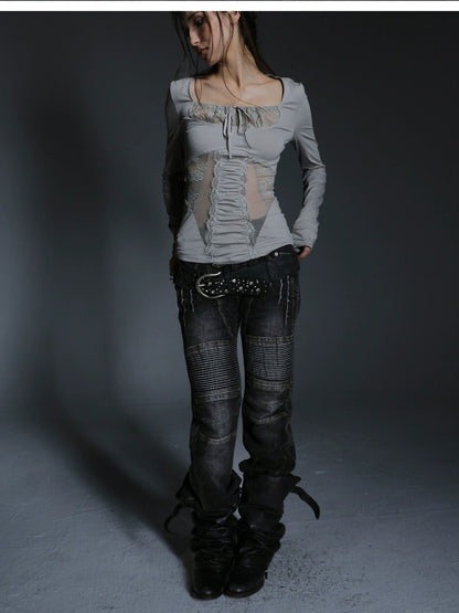 DoublePunch Breathable Cotton Spandex Slim Fit Girlish Square Neck Patchwork Women T-Shirt