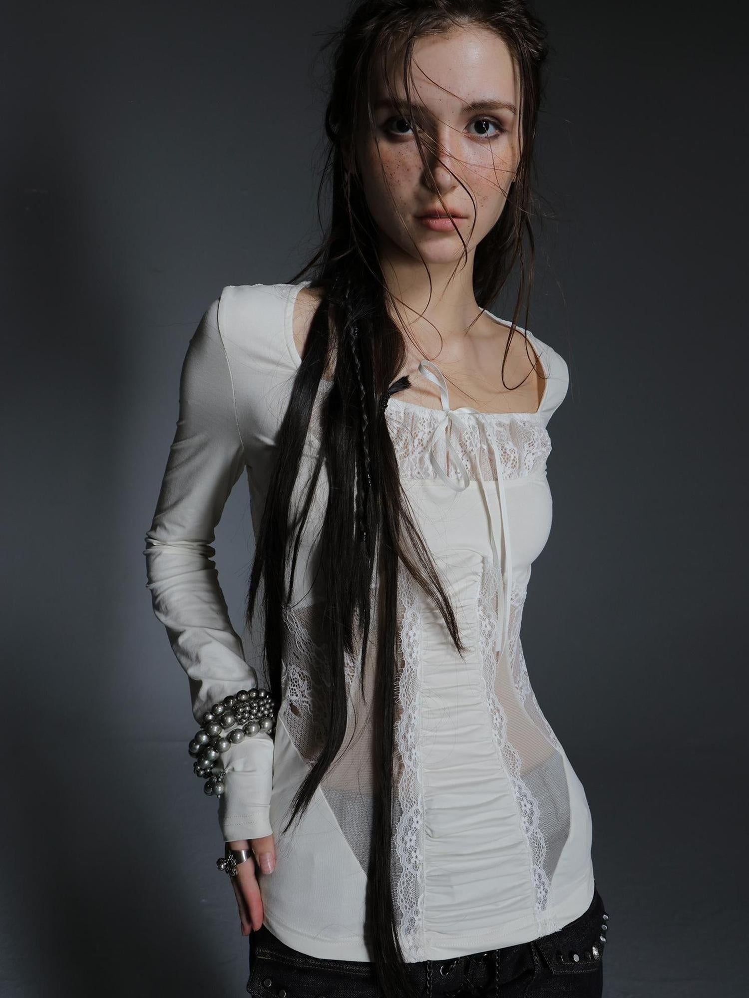 DoublePunch Breathable Cotton Spandex Slim Fit Girlish Square Neck Patchwork Women T-Shirt