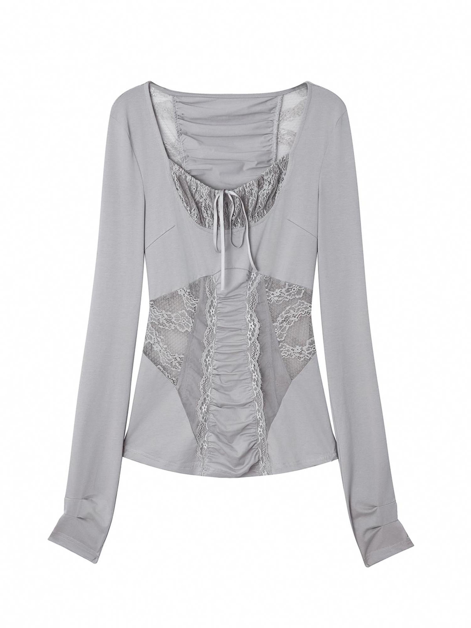 DoublePunch Breathable Cotton Spandex Slim Fit Girlish Square Neck Patchwork Women T-Shirt