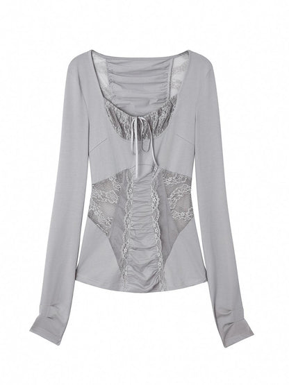 DoublePunch Breathable Cotton Spandex Slim Fit Girlish Square Neck Patchwork Women T-Shirt