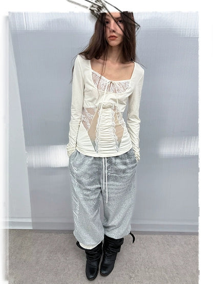 DoublePunch Breathable Cotton Spandex Slim Fit Girlish Square Neck Patchwork Women T-Shirt