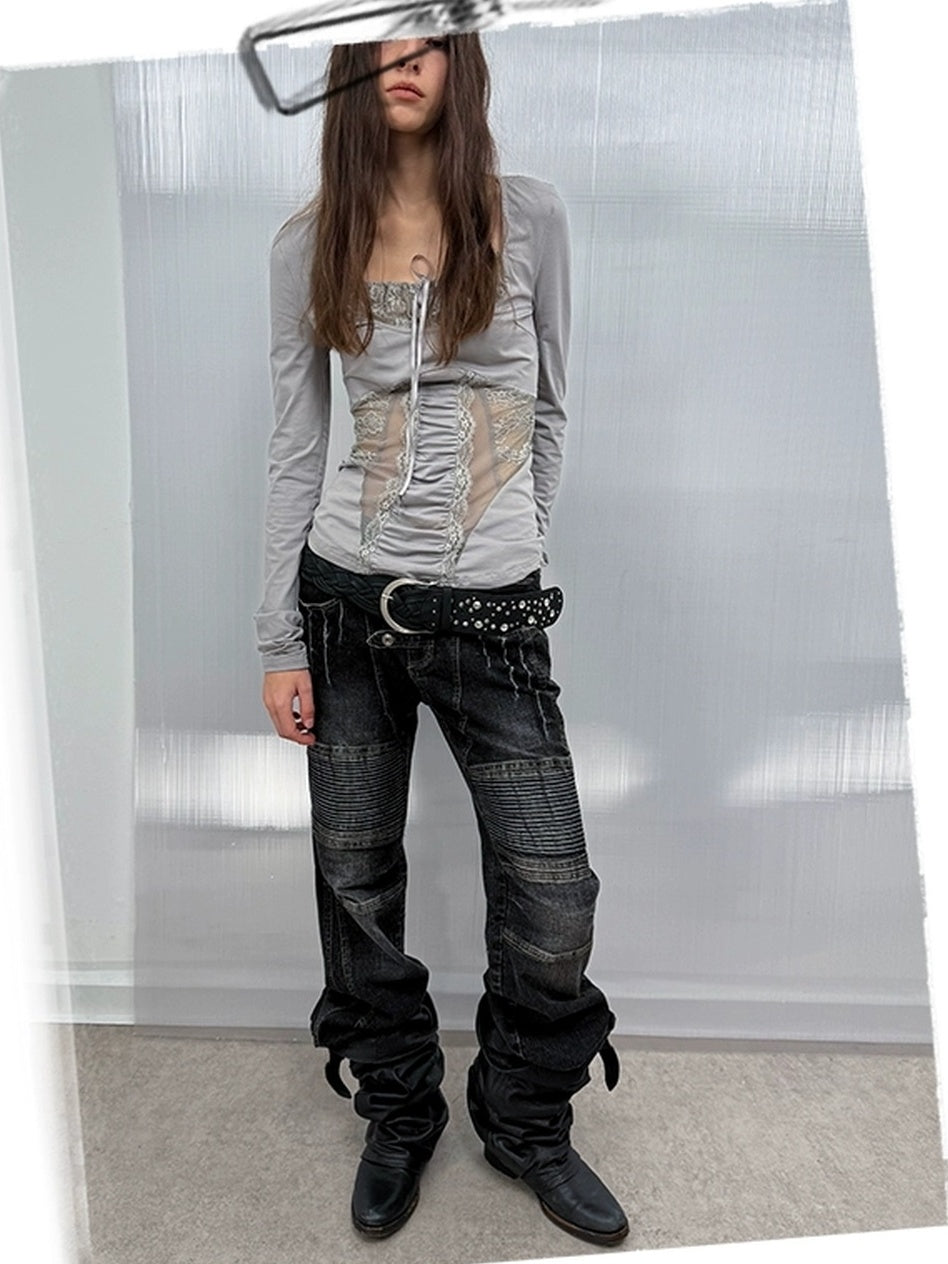 DoublePunch Breathable Cotton Spandex Slim Fit Girlish Square Neck Patchwork Women T-Shirt