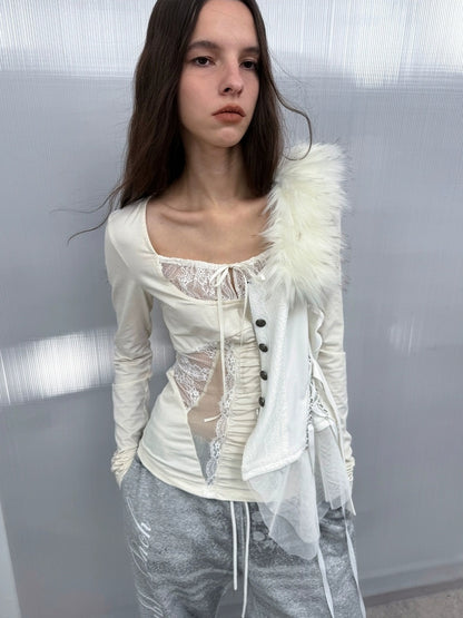 DoublePunch Breathable Cotton Spandex Slim Fit Girlish Square Neck Patchwork Women T-Shirt