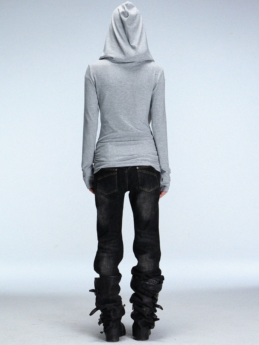 DoublePunch Breathable Knit Hooded Long Sleeve Regular Fit Solid Grey Women T-Shirt