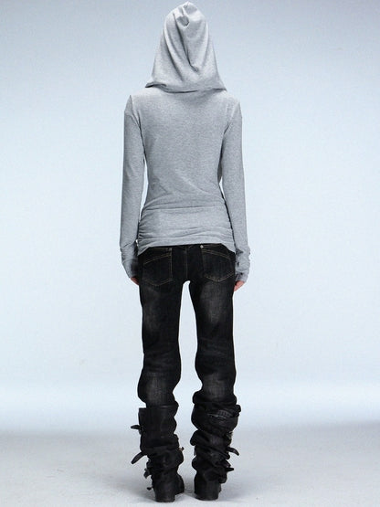 DoublePunch Breathable Knit Hooded Long Sleeve Regular Fit Solid Grey Women T-Shirt