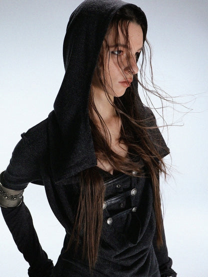 DoublePunch Breathable Knit Hooded Long Sleeve Regular Fit Solid Grey Women T-Shirt