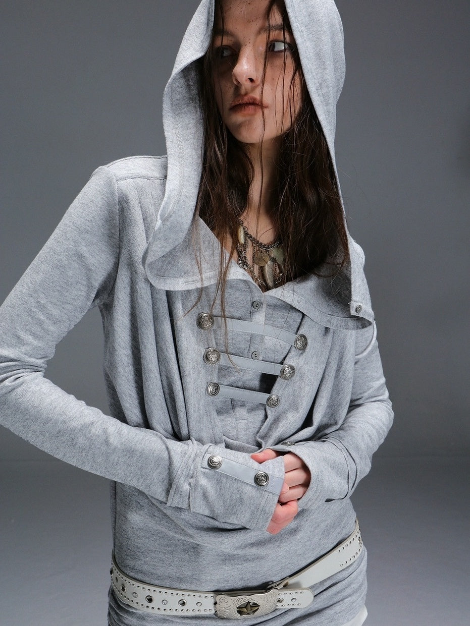 DoublePunch Breathable Knit Hooded Long Sleeve Regular Fit Solid Grey Women T-Shirt