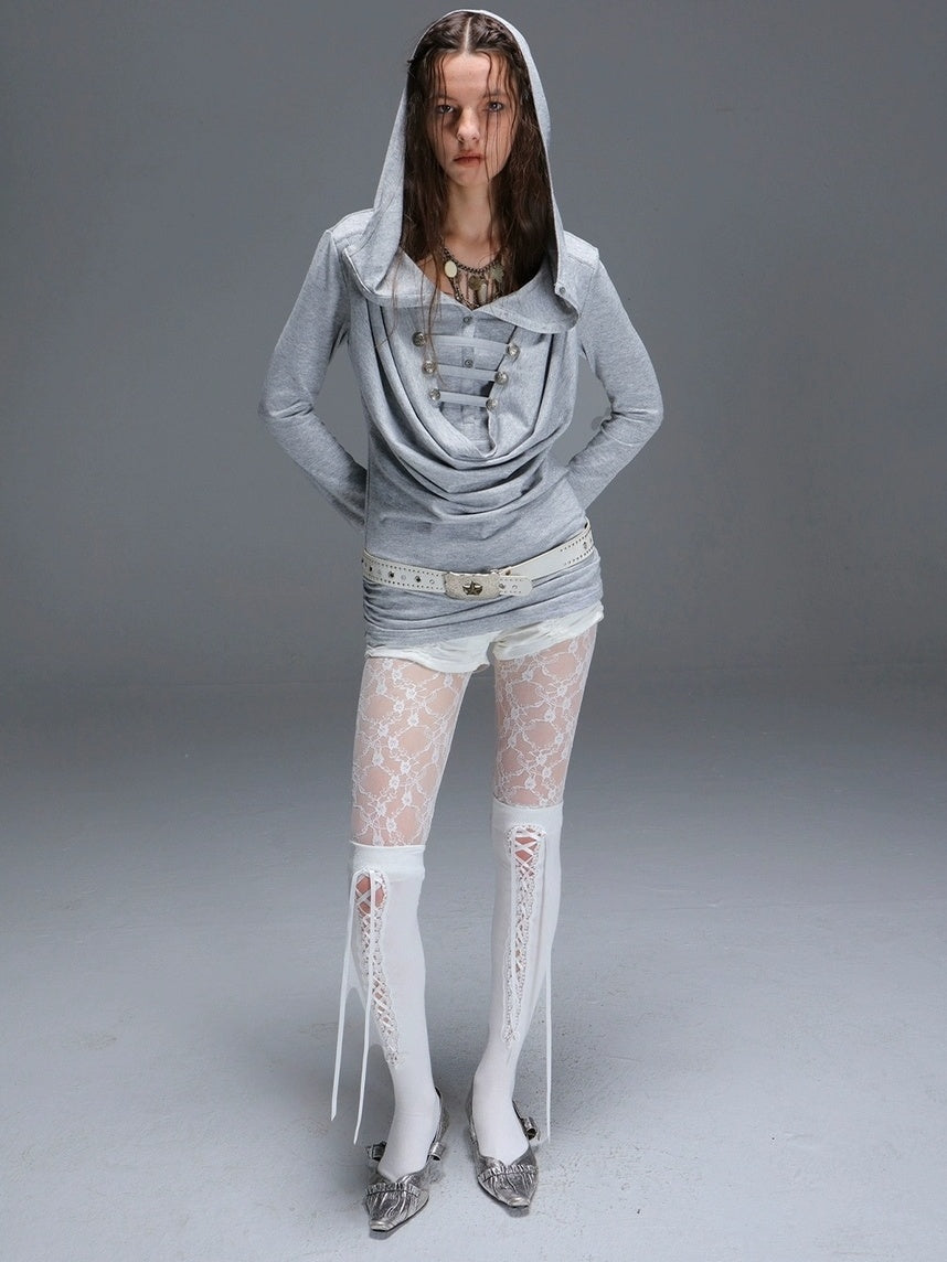 DoublePunch Breathable Knit Hooded Long Sleeve Regular Fit Solid Grey Women T-Shirt