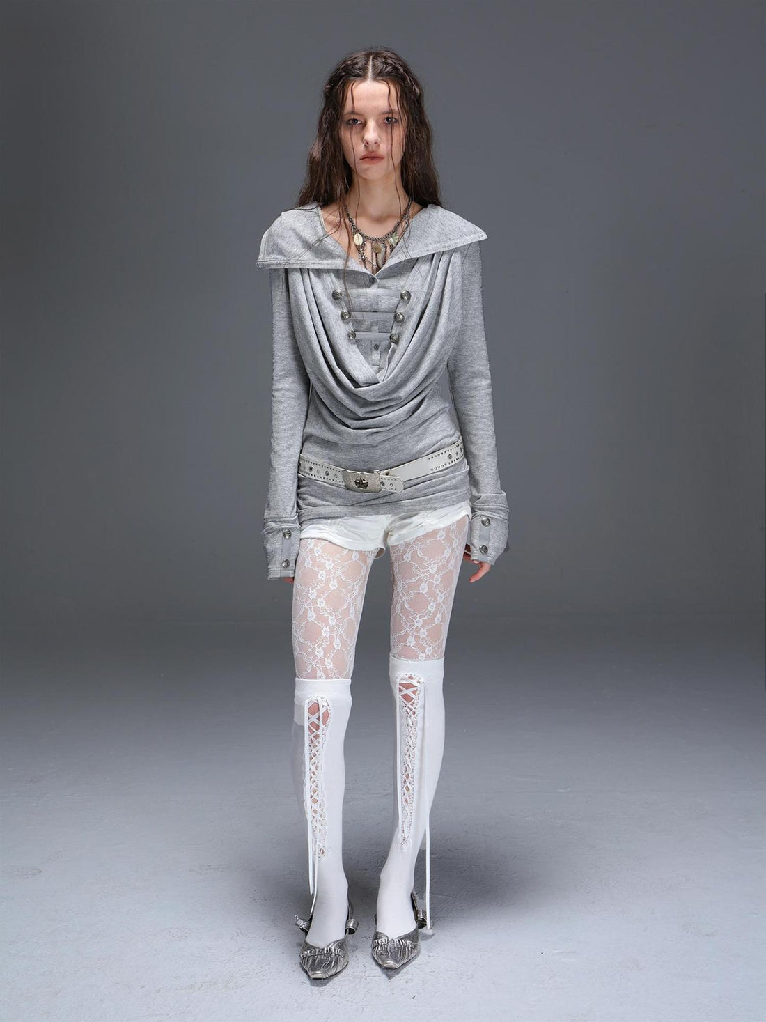 DoublePunch Breathable Knit Hooded Long Sleeve Regular Fit Solid Grey Women T-Shirt