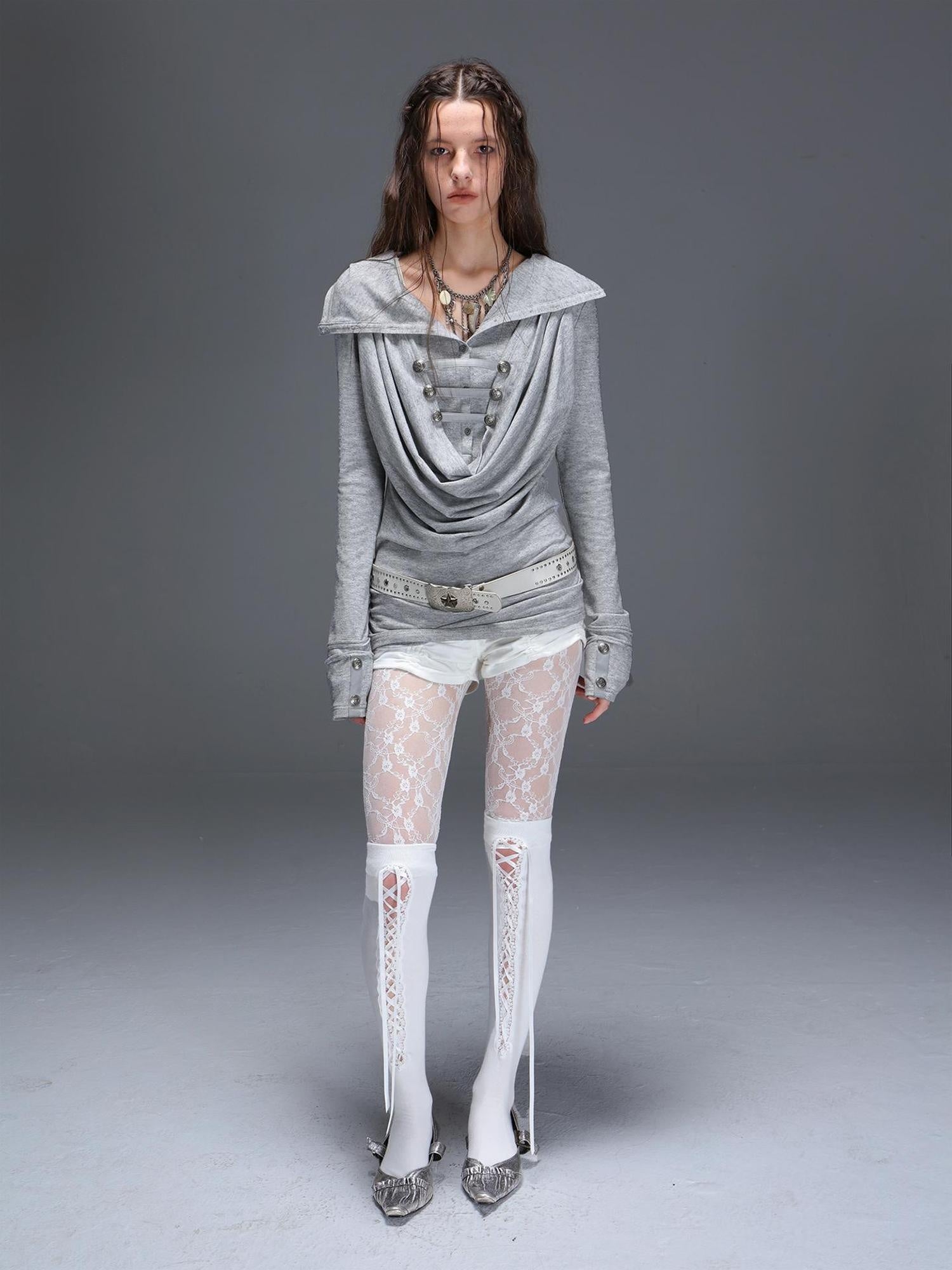 DoublePunch Breathable Knit Hooded Long Sleeve Regular Fit Solid Grey Women T-Shirt