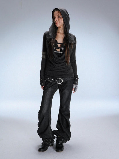 DoublePunch Breathable Knit Hooded Long Sleeve Regular Fit Solid Grey Women T-Shirt