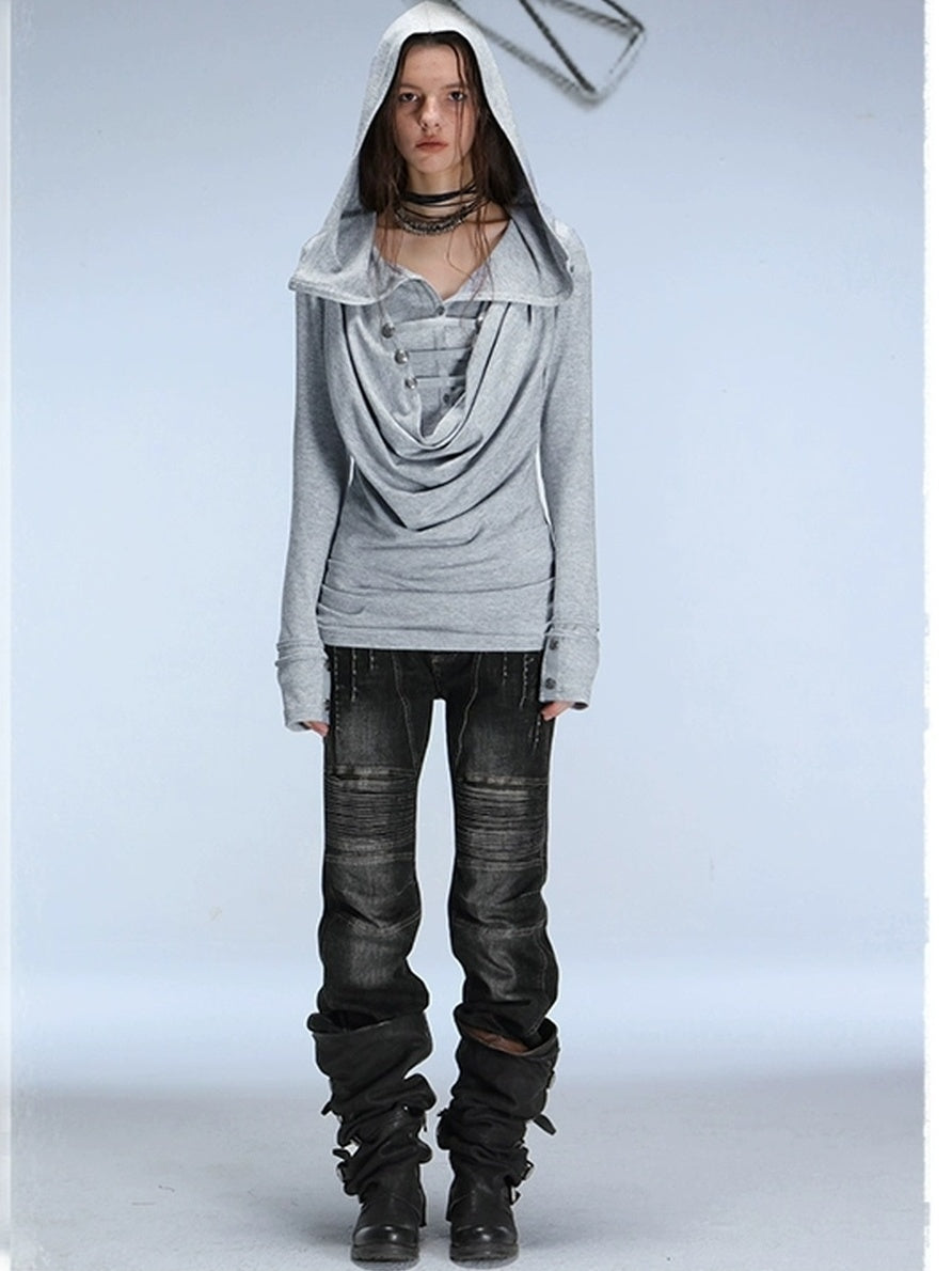 DoublePunch Breathable Knit Hooded Long Sleeve Regular Fit Solid Grey Women T-Shirt