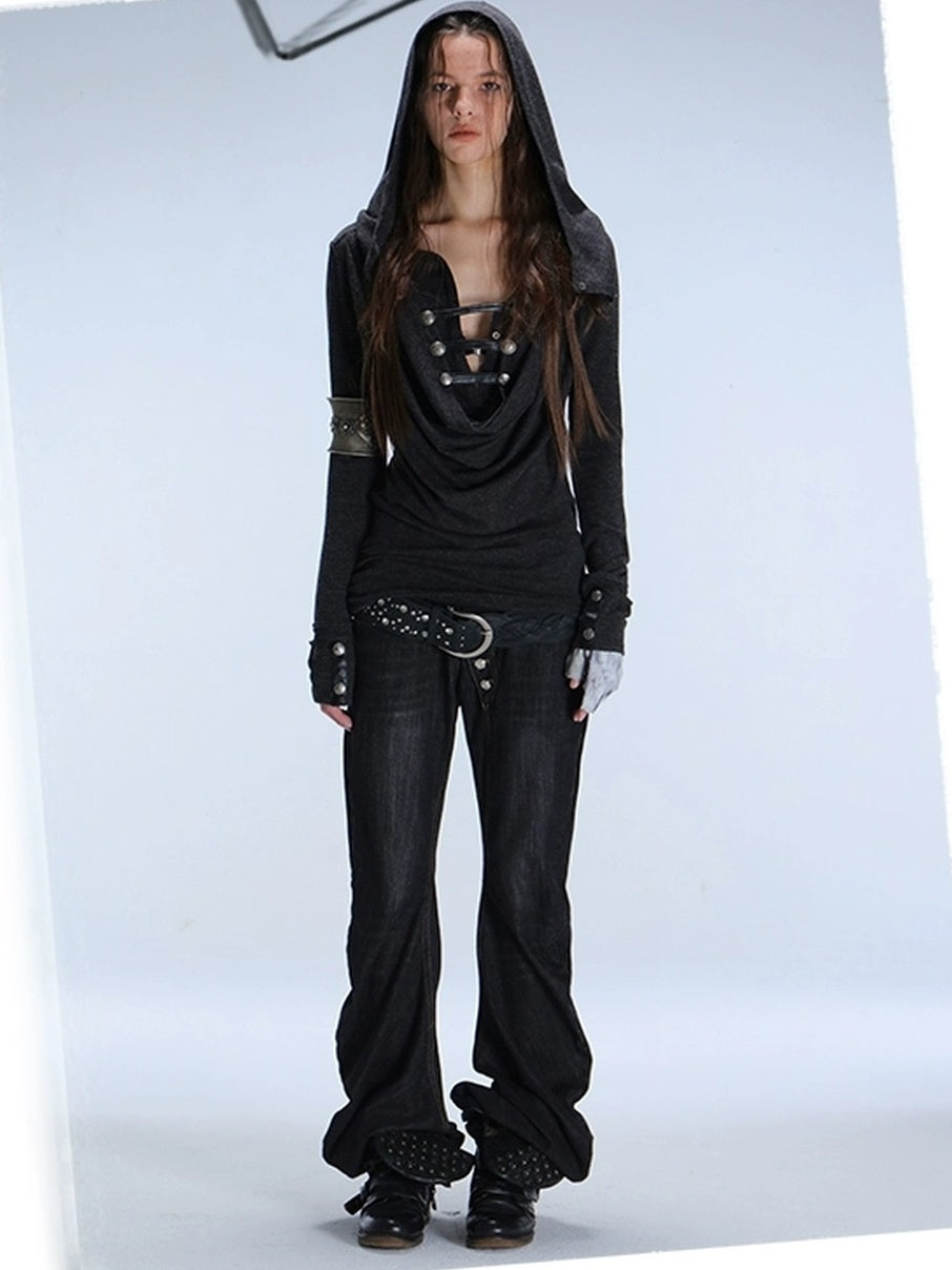 DoublePunch Breathable Knit Hooded Long Sleeve Regular Fit Solid Grey Women T-Shirt