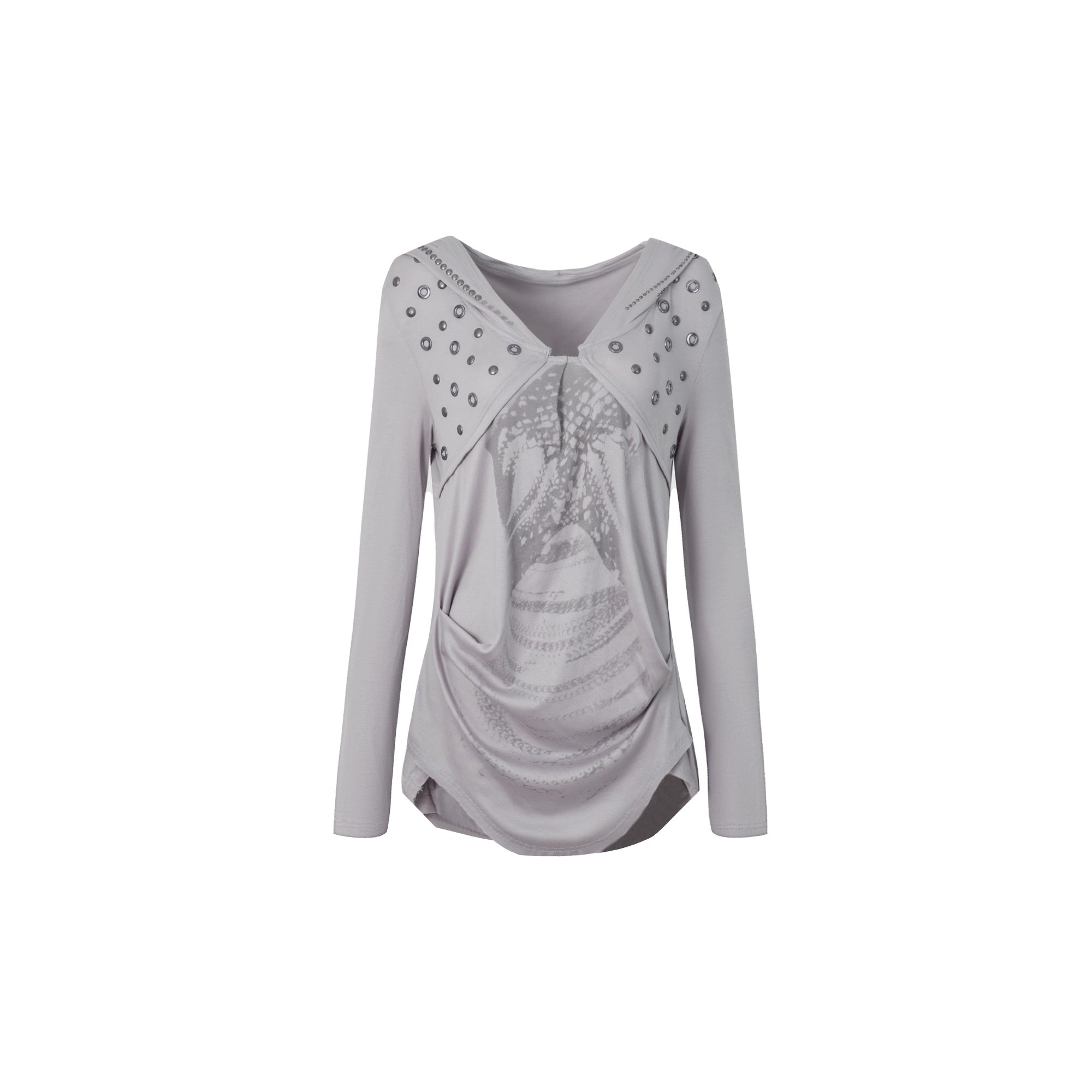 DoublePunch_Breathable_Lyocell_Cinch_Waist_Vintage_Hooded_Long_Sleeve_Studded_Print_T-Shirt_MISSTT