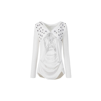 DoublePunch_Breathable_Lyocell_Cinch_Waist_Vintage_Hooded_Long_Sleeve_Studded_Print_T-Shirt_MISSTT