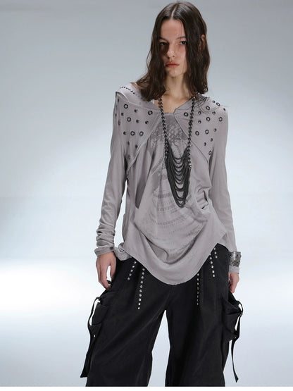 DoublePunch Breathable Lyocell Cinch Waist Vintage Hooded Long Sleeve Studded Print T-Shirt